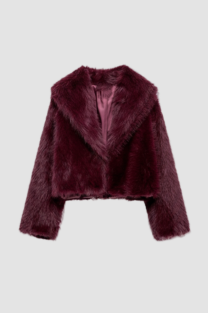 Camelia faux fur winter coat in deep burgundy, featuring a plush texture and cropped cut for elegant winter warmth.