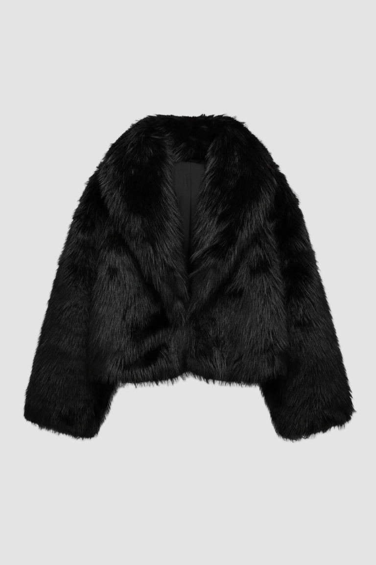 Camelia faux fur winter coat in jet black, exuding timeless elegance with a soft, fluffy texture and cropped design.
