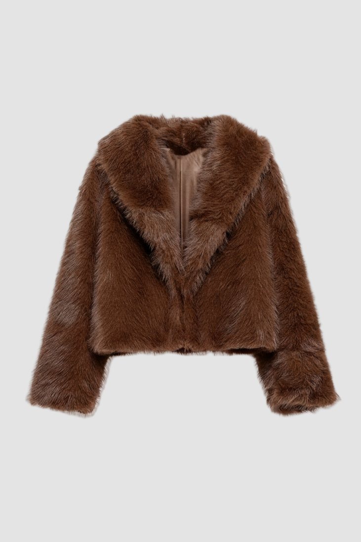 Camelia faux fur winter coat in warm chestnut brown with a soft, luxurious finish and classic collar design.