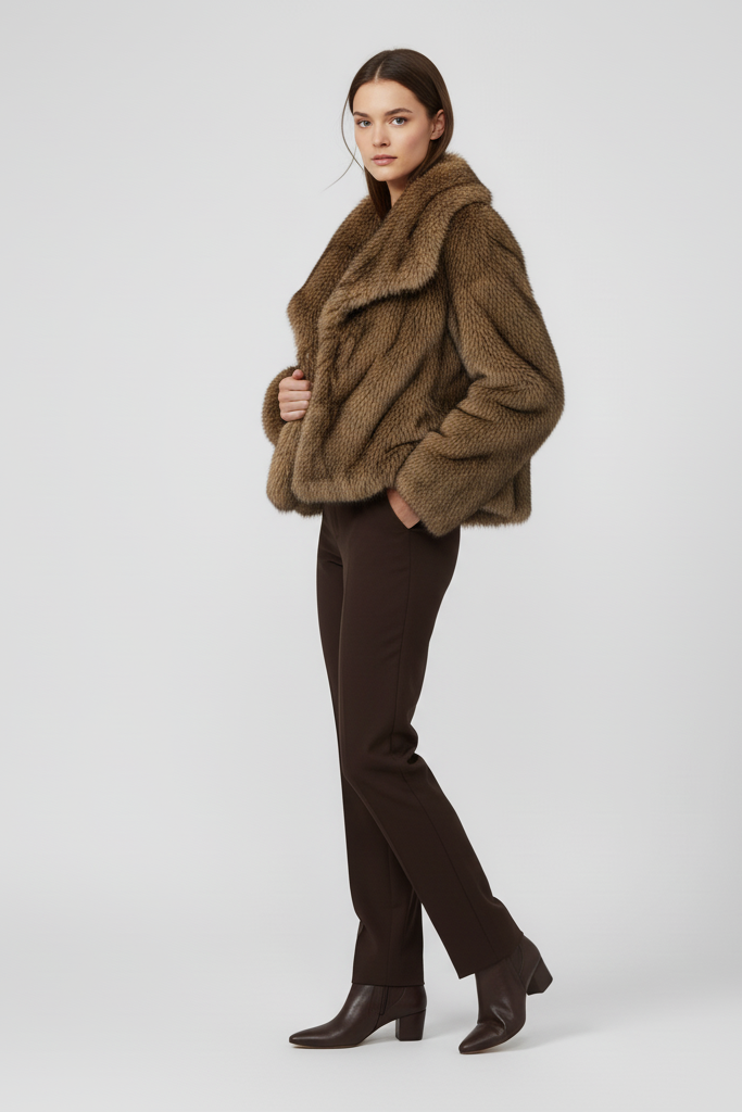 Chic deep red faux fur coat for women with refined collar and regular fit.