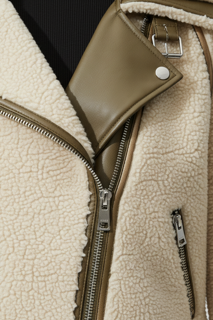 Close-up detail of VERLIA Winter Teddy Jacket showing zippers and textured fleece