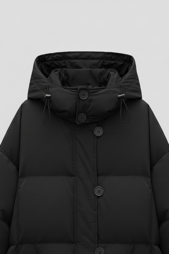 Close-up detail of a warm hooded down coat.