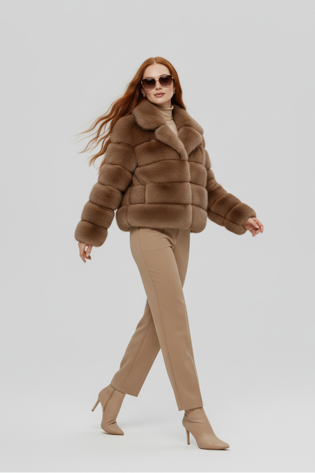 Close-up detail of the VELARIE faux fur coat’s plush faux fur fabric.