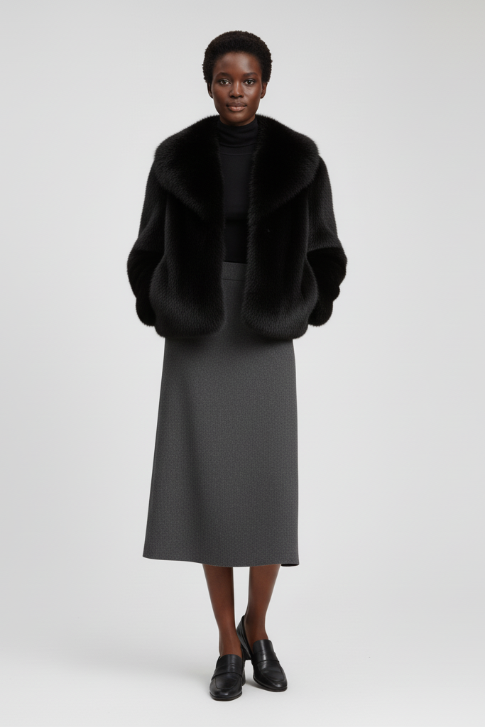 Close-up lifestyle shot showing the texture of the RAELORA faux fur coat.