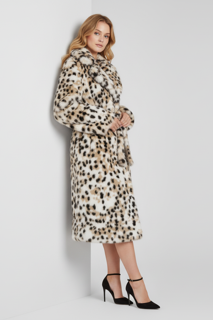 Close-up lifestyle view of the LYSERRA Leopard Shearling Coat showing faux shearling texture
