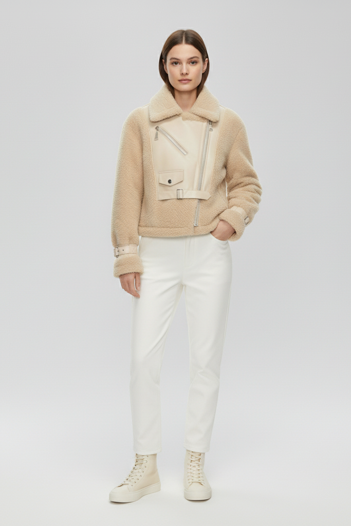 Close-up of ARLYNE patchwork spliced teddy fabric with zipper and pocket detail.