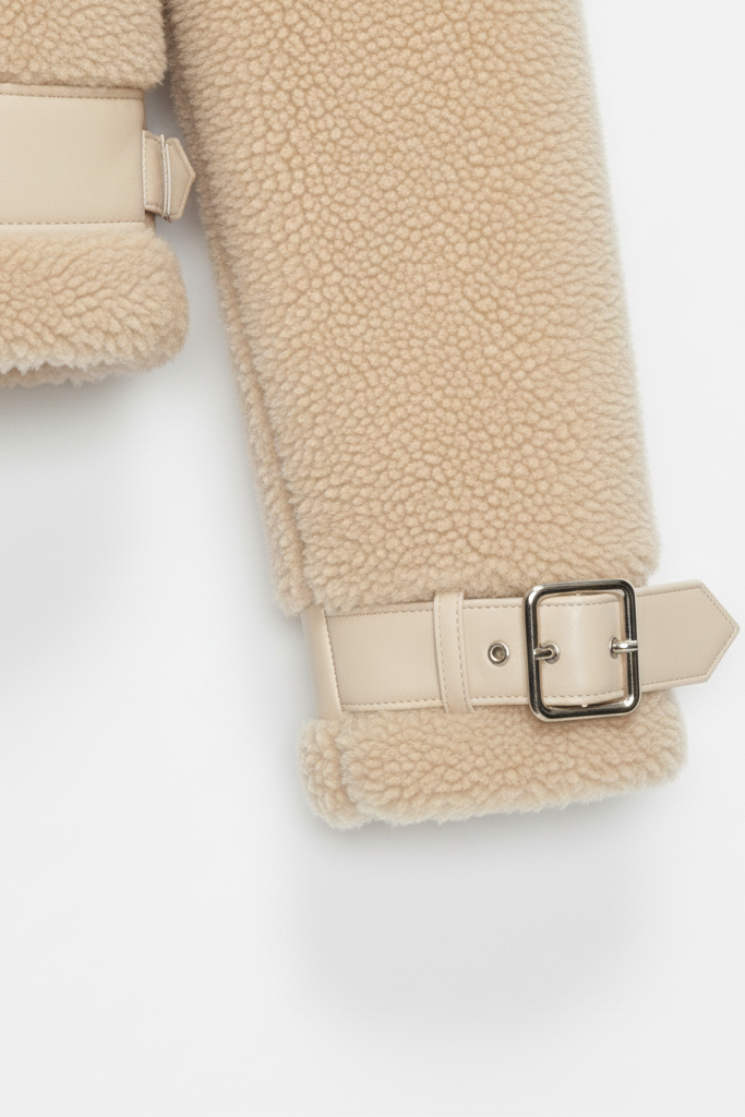 Close-up of ARLYNE patchwork spliced teddy fabric with zipper and pocket detail.