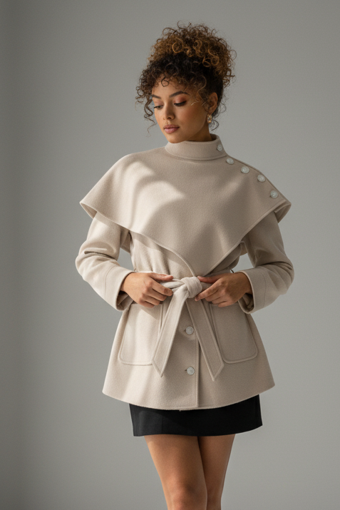 Close-up of ELENZGA Wool Blend Long Coat collar and wool-blend fabric texture.