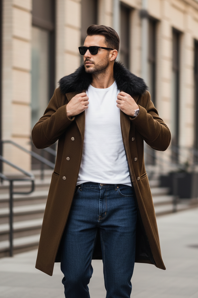 Close-up of HARLENE Wool Blend Double-Breasted Coat showing button details and faux fur texture.