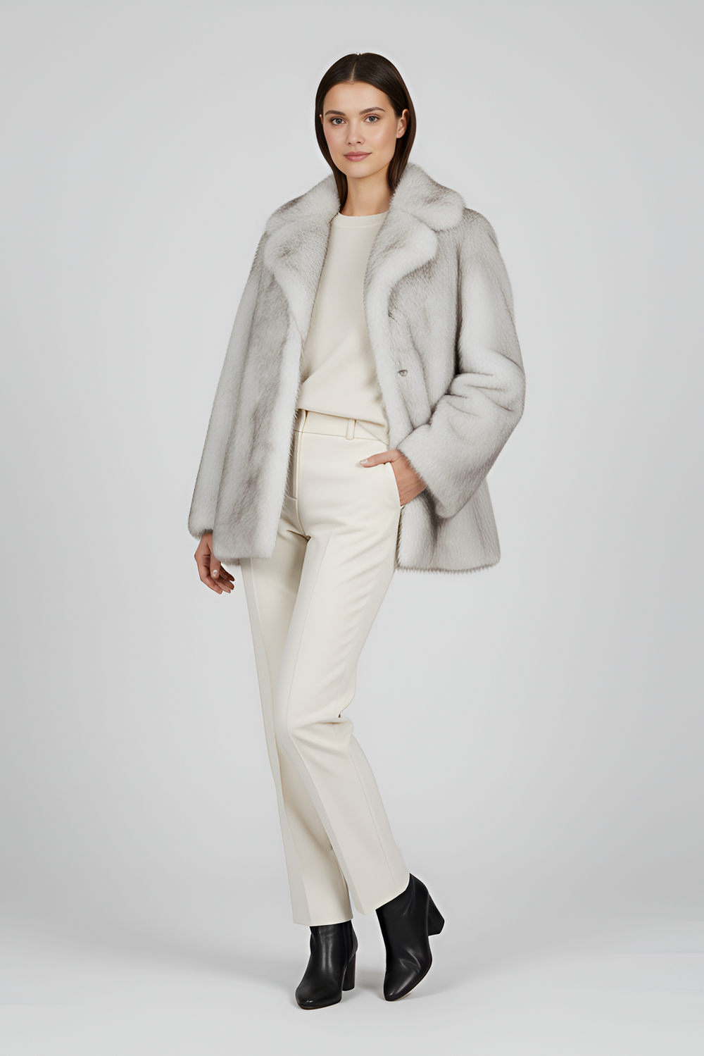 Close-up of LEOVARA coat’s fleece and wool-blend fabric with detailed leopard spots.