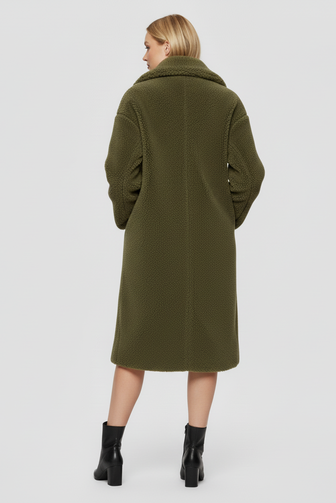 Close-up of MARLEYA wool-blend shearling texture showing button details.