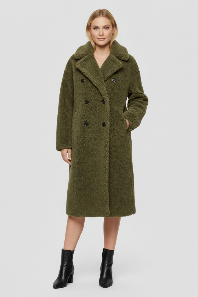 Close-up of MARLEYA wool-blend shearling texture showing button details.