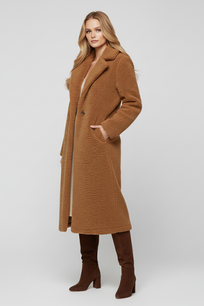 Close-up of TALYNE faux-fur teddy texture showing soft woolen fabric and button detail.