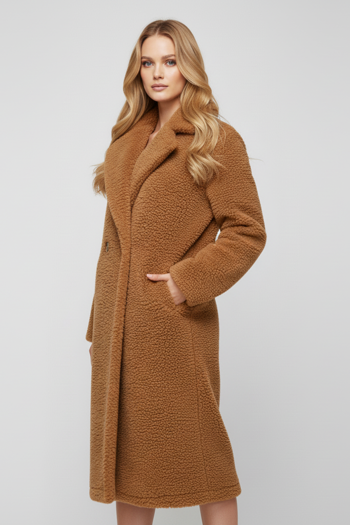 Close-up of TALYNE faux-fur teddy texture showing soft woolen fabric and button detail.