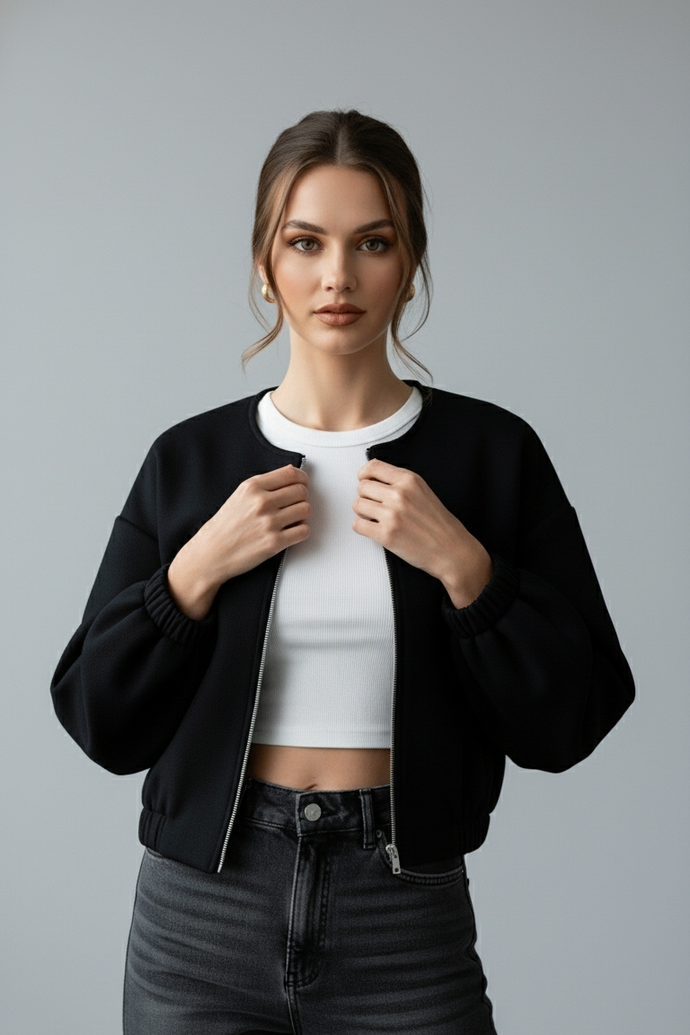 Close-up of VALERINE Velvet Bomber Jacket zipper and pocket details on soft black velvet.