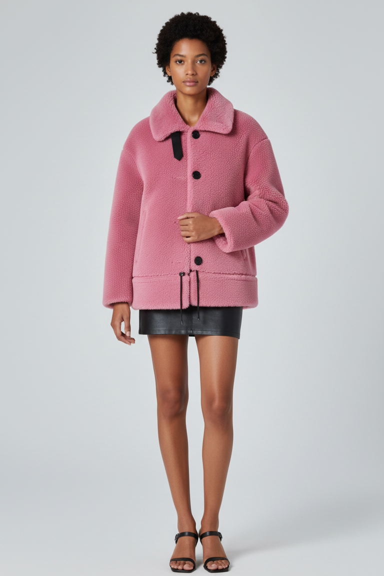 Close-up of VARLENE cashmere-style fleece texture with sash and button details.