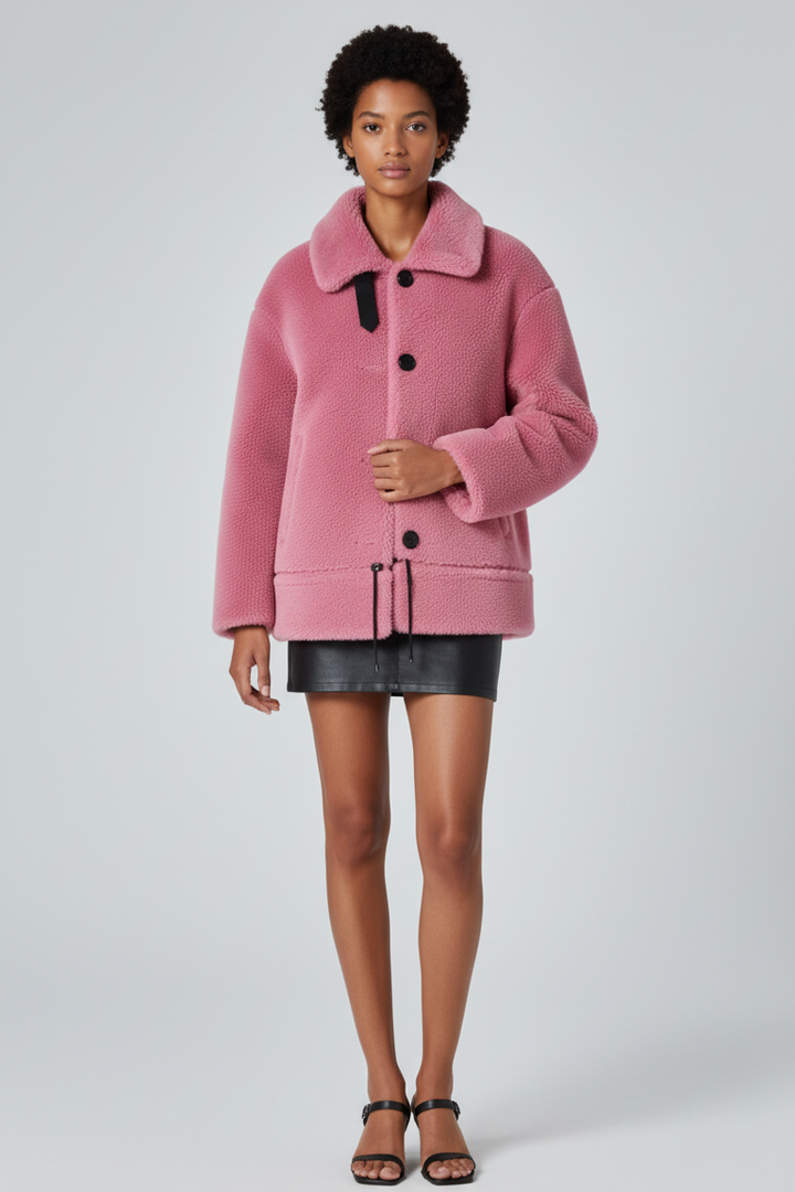 Close-up of VARLENE cashmere-style fleece texture with sash and button details.