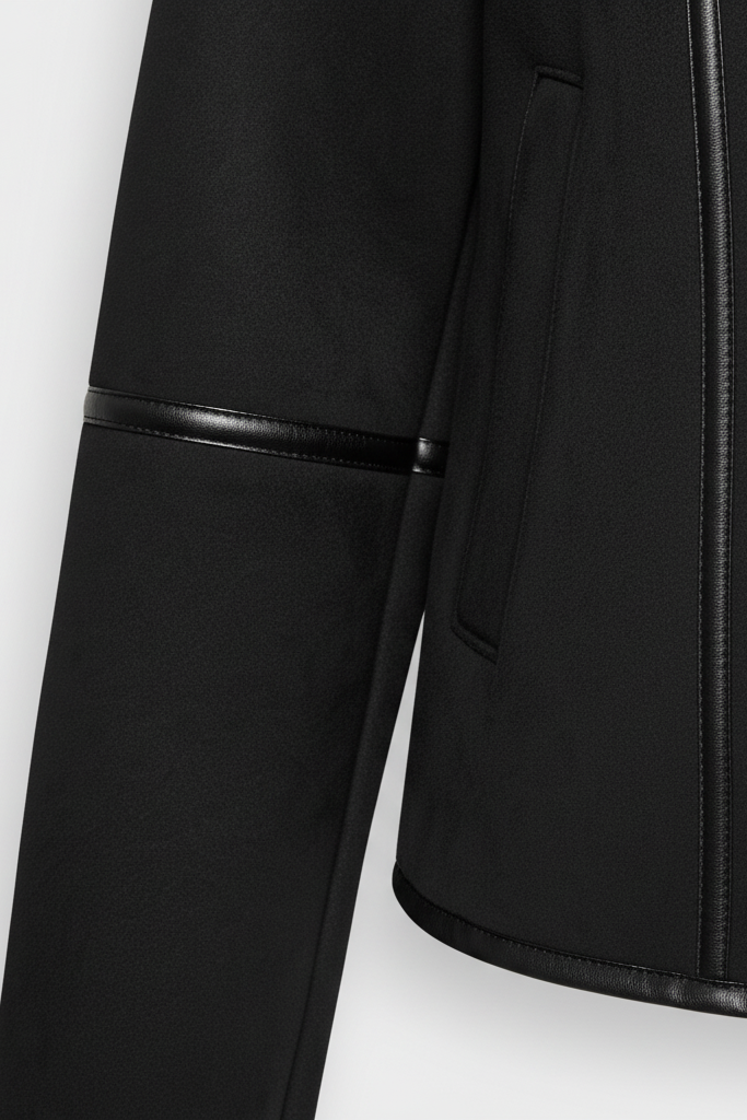 Close-up of YALVINE coat showing faux fur details, zipper, and button accents.