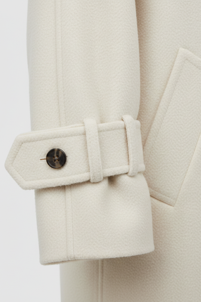 Close-up of a beige coat with a button on a white background