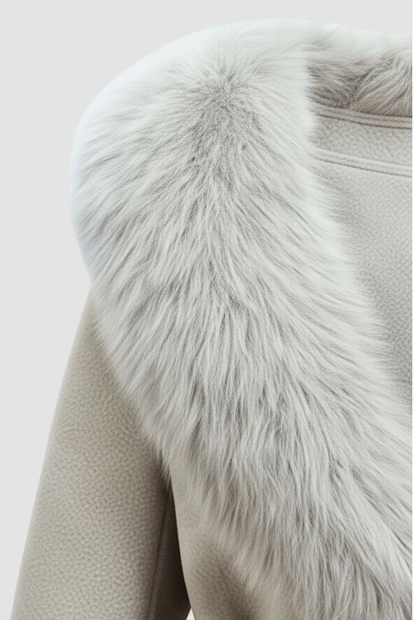 Close-up of a beige coat with a fur collar on a white background
