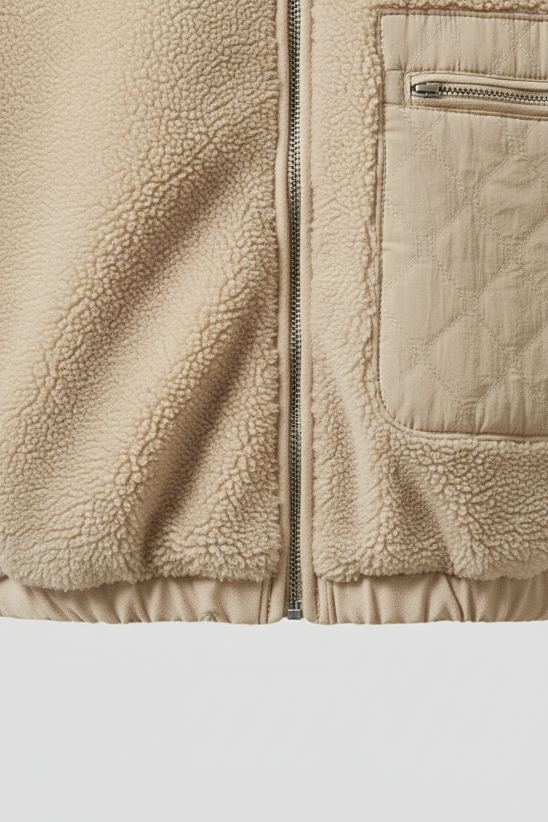 Close-up of a beige fleece jacket with a zipper and pocket on a light gray background