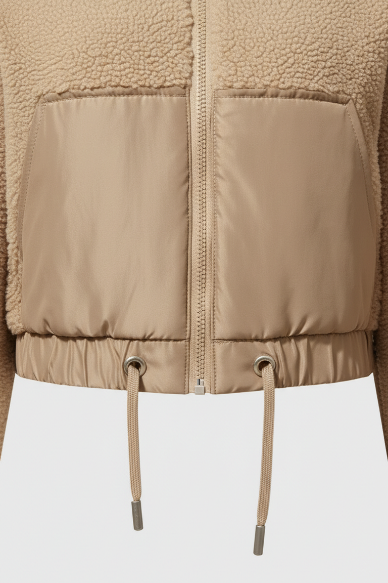 Close-up of a beige puffer jacket with a white background