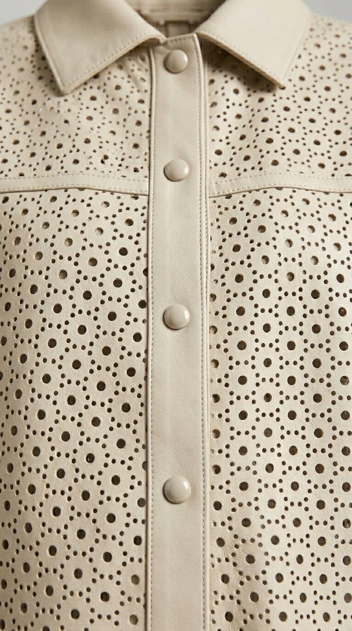 Close-up of a beige shirt with a patterned design and buttons.