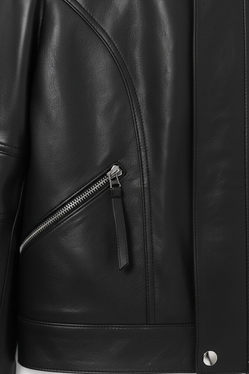 Close-up of a black leather jacket with a zipper detail.