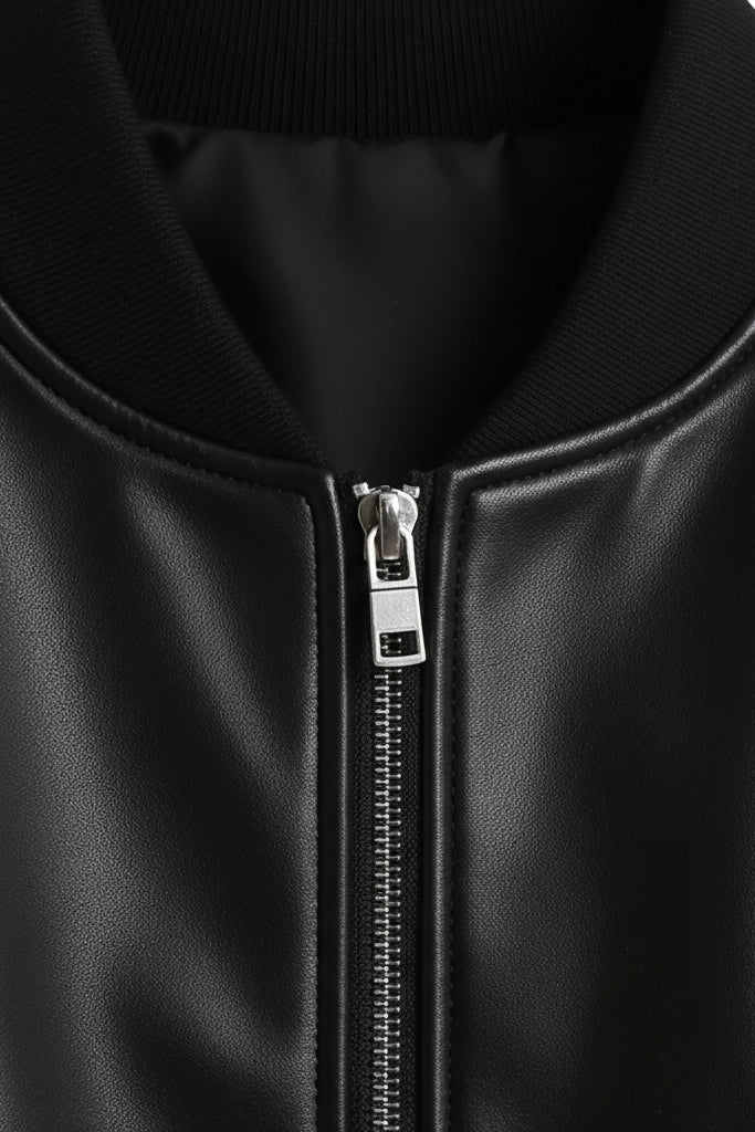 Close-up of a black leather jacket with a zipper on a white background