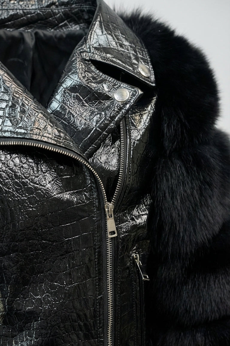 Close-up of a black leather jacket with fur collar and zipper