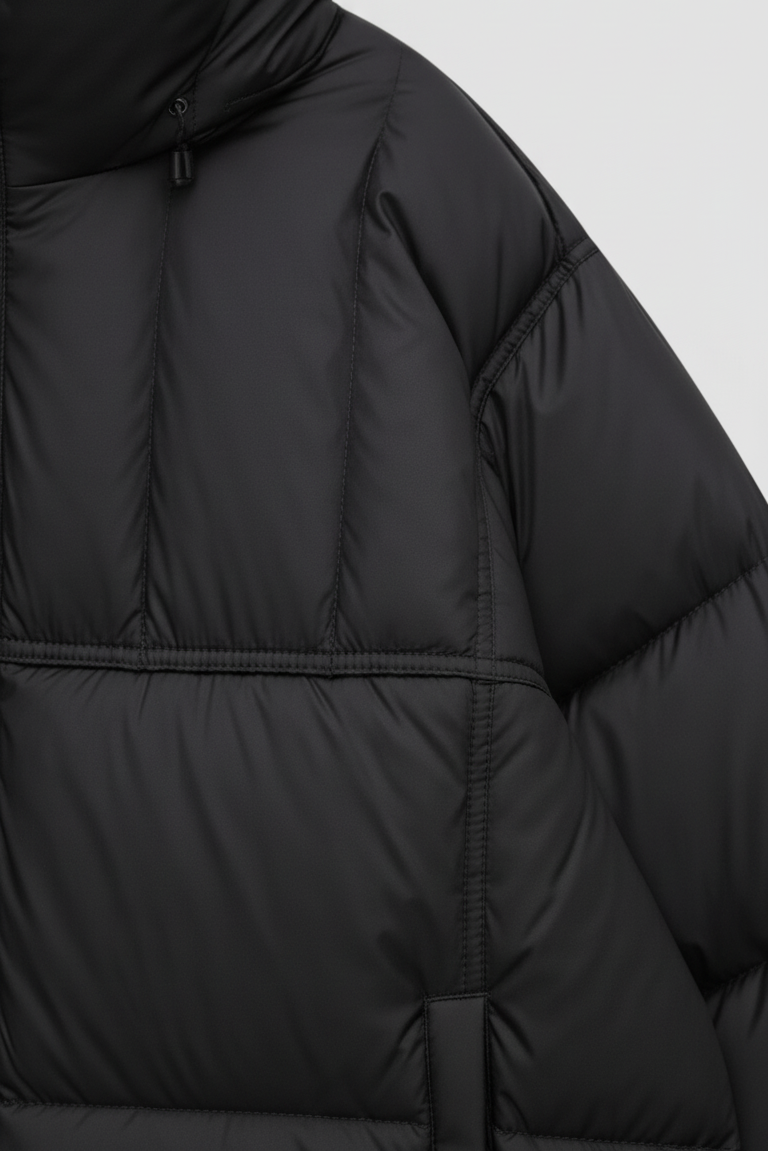 Close-up of a black puffer jacket on a light gray background