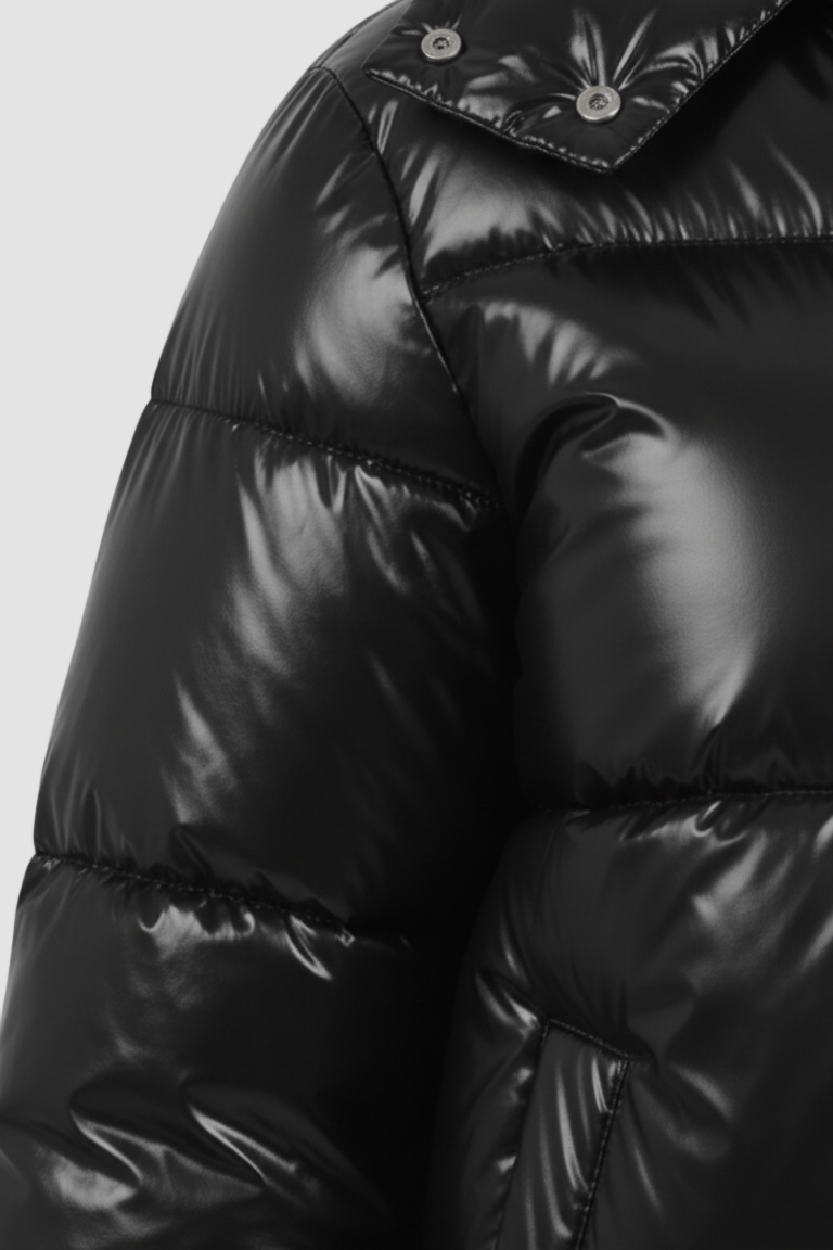 Close-up of a black puffer jacket with a shiny finish.