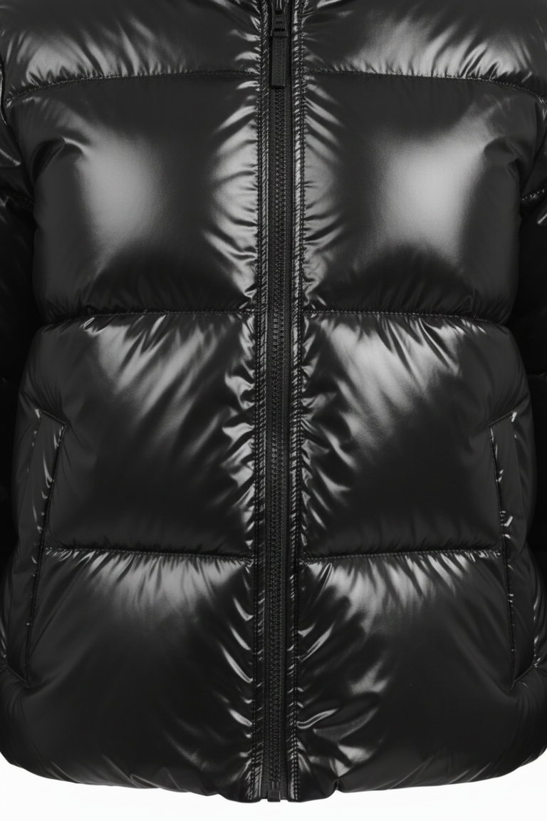 Close-up of a black puffer jacket with a zipper on a white background