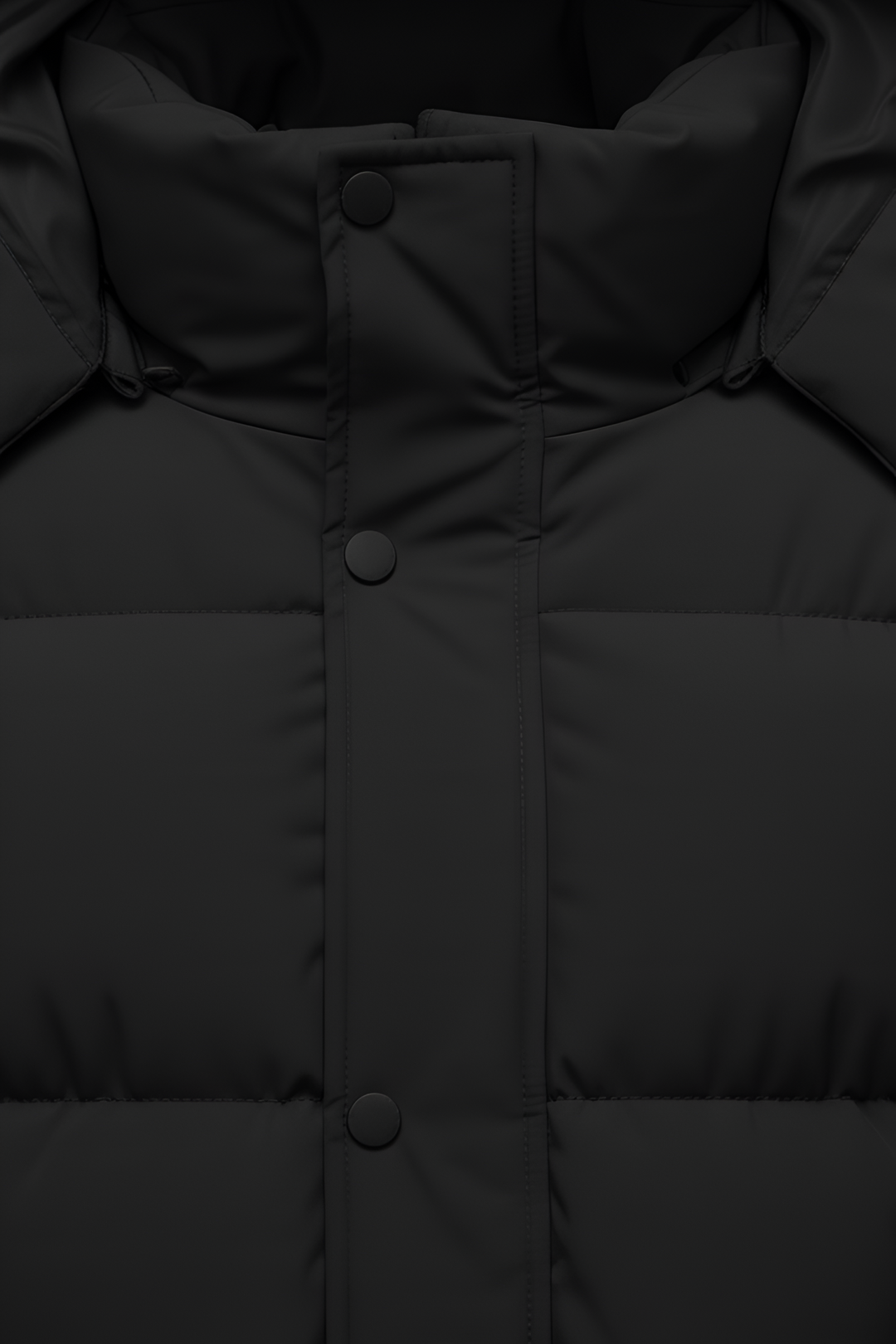 Close-up of a black puffer jacket with buttons