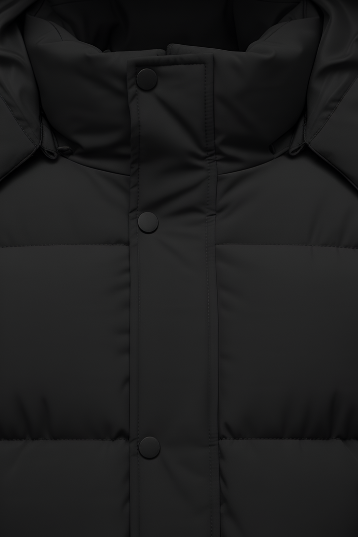 Close-up of a black puffer jacket with buttons