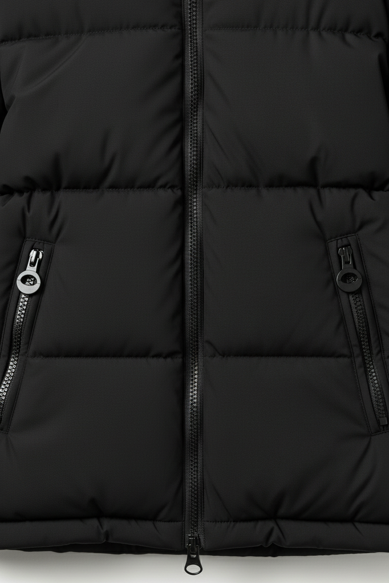 Close-up of a black puffer jacket with zippers on a white background
