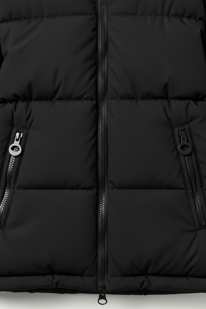 Close-up of a black puffer jacket with zippers on a white background