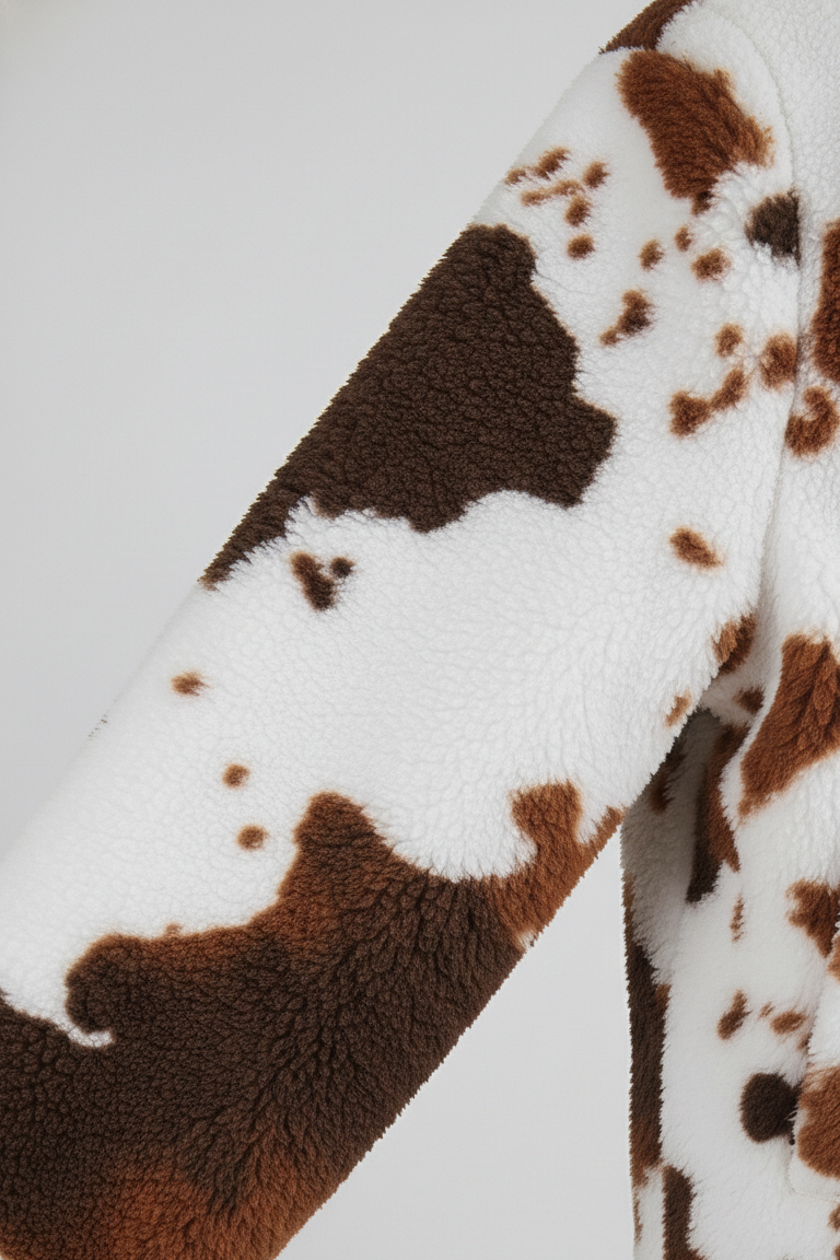Close-up of a brown and white cow print fabric on a light gray background