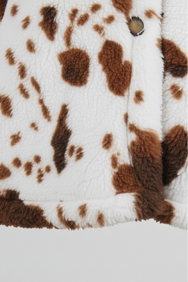 Close-up of a brown and white patterned fabric with a button on a light gray background