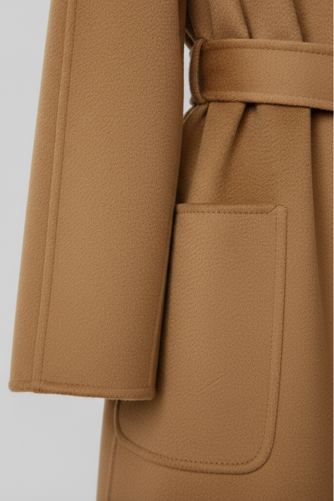 Close-up of a brown coat with a belt on a light gray background