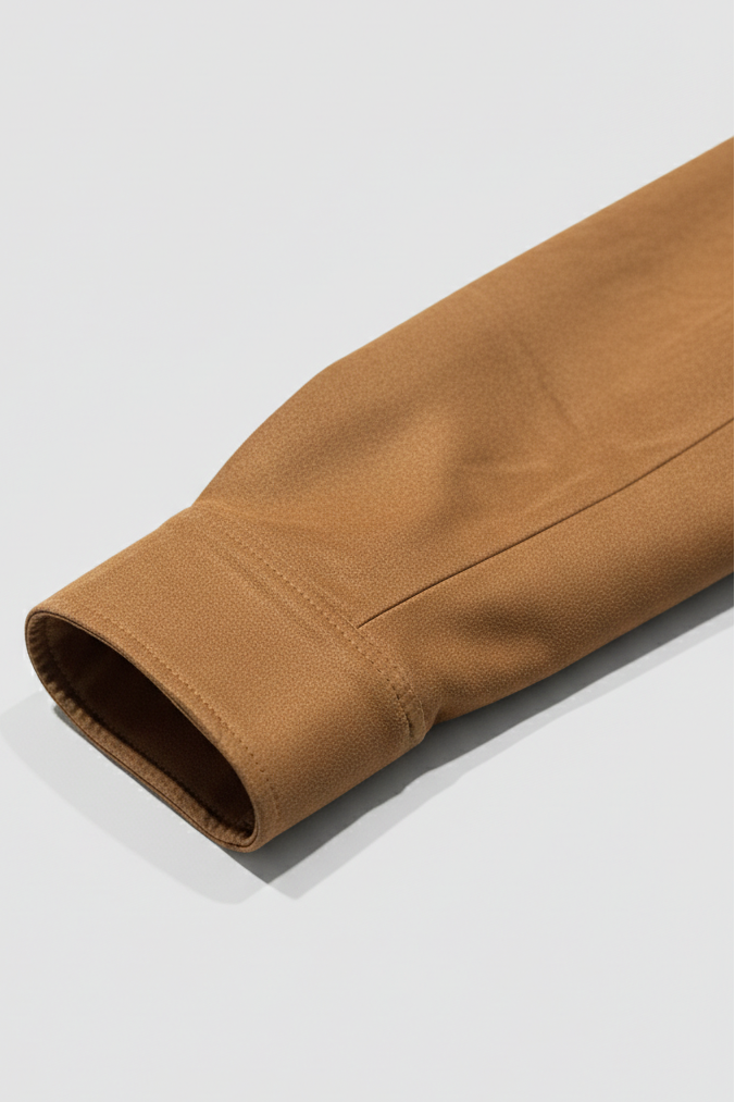 Close-up of a brown jacket sleeve on a light gray background