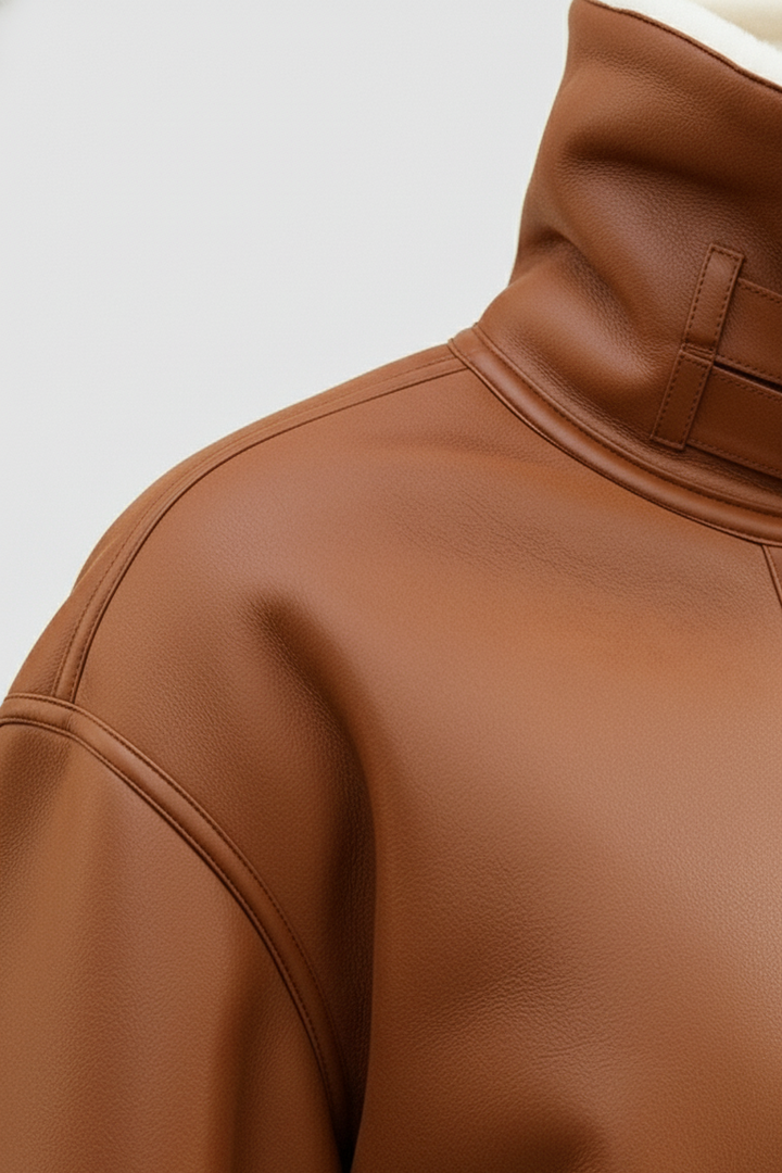 Close-up of a brown leather jacket on a light gray background