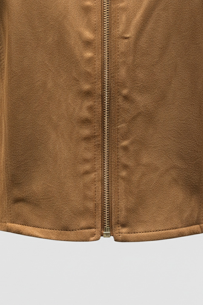 Close-up of a brown leather jacket with a zipper on a light gray background
