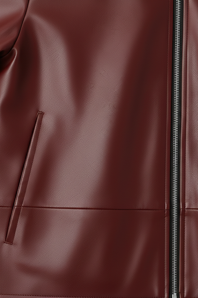Close-up of a brown leather jacket with a zipper on a white background