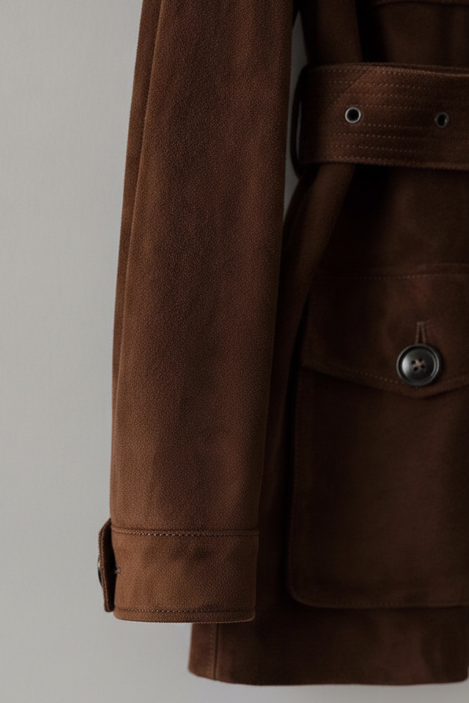 Close-up of a brown suede belted coat with a buttoned flap pocket, hanging against a light gray background.