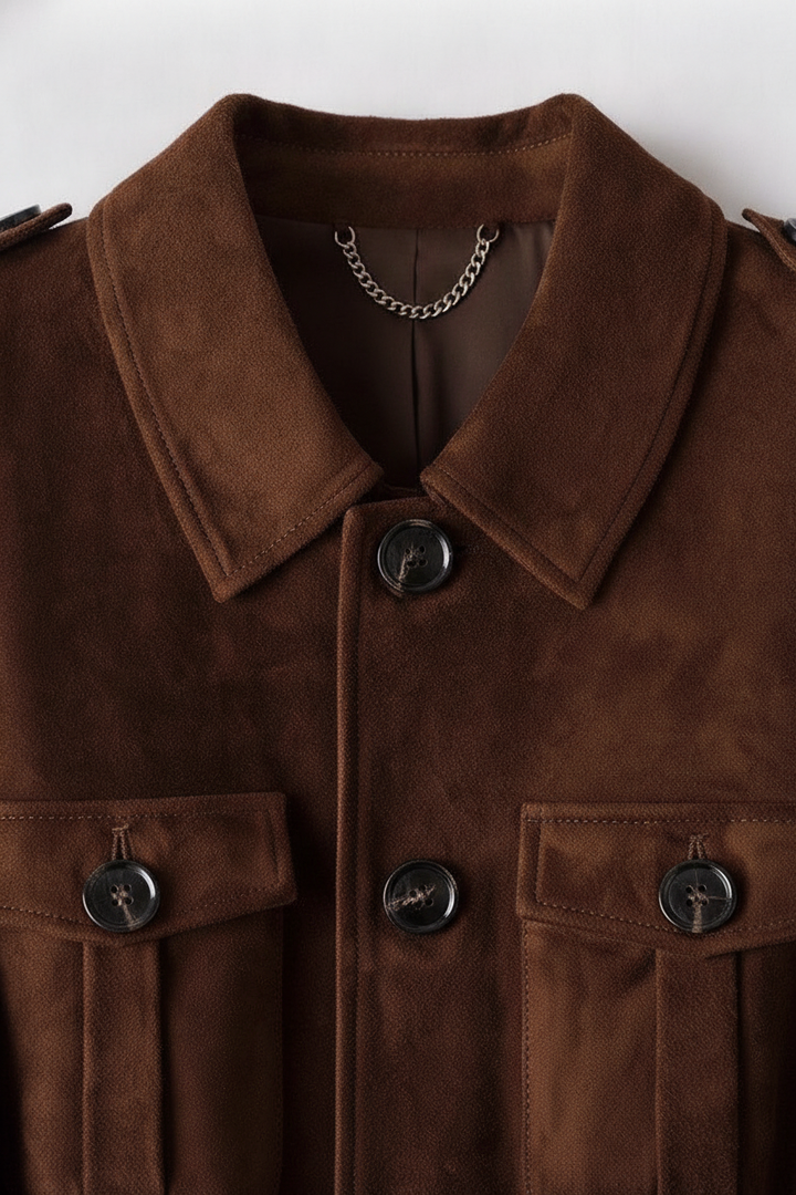 Close-up of a brown suede jacket featuring a wide collar, dark buttons, and flap pockets on a light gray background.