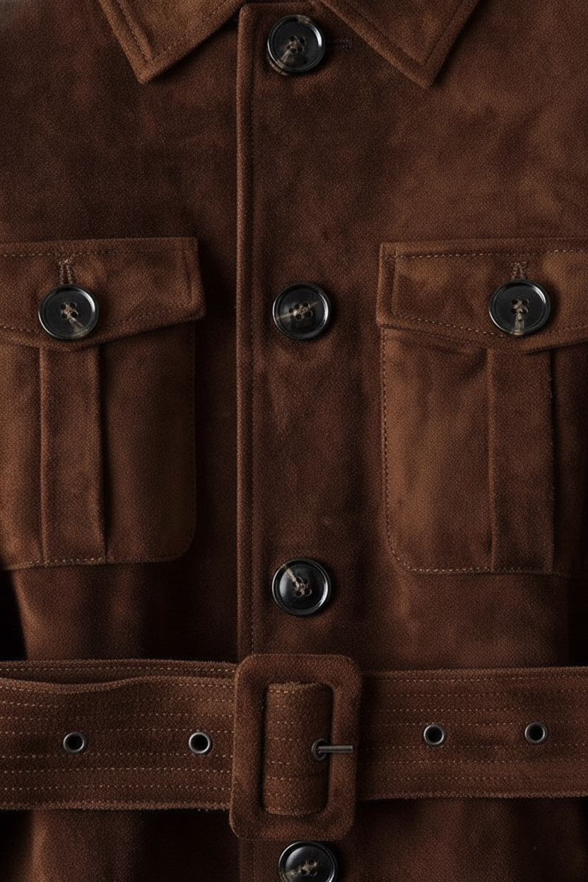 Close-up of a brown suede jacket with a matching belt, featuring dark buttons and flap pockets on the chest.