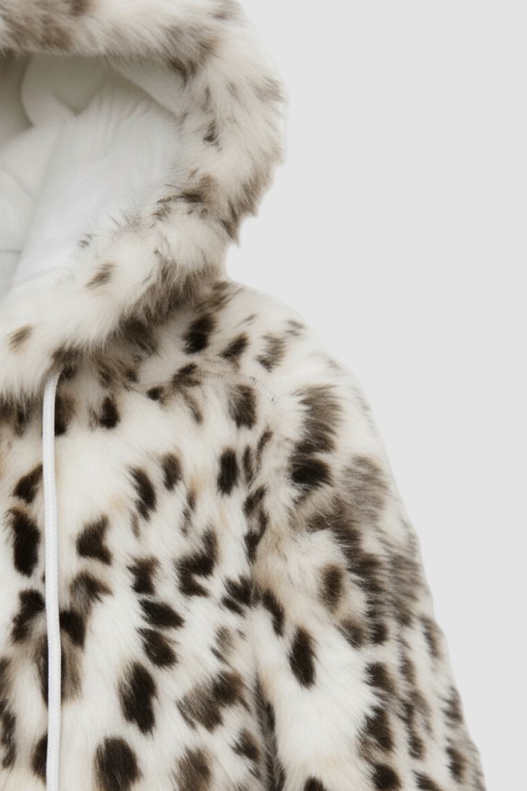 Close-up of a fur coat with a patterned design on a white background