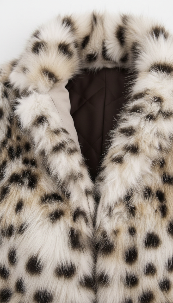 Close-up of a fur coat with a spotted pattern on a white background