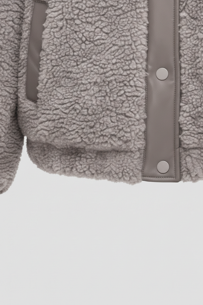 Close-up of a gray fleece jacket with a white background